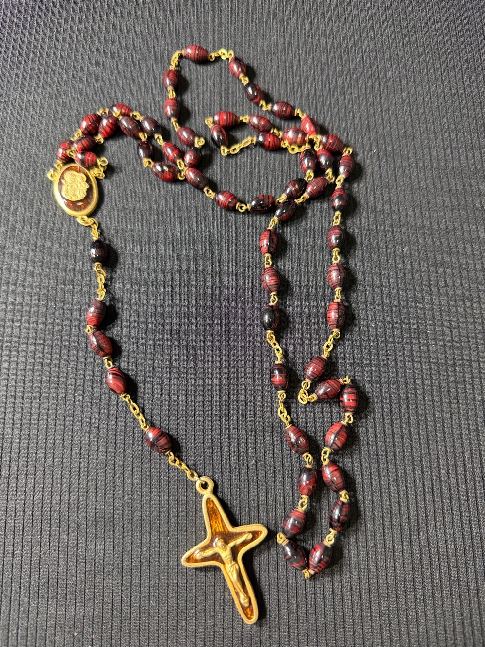 Gold-Tone Crucifix Rosary Necklace with Red Beads